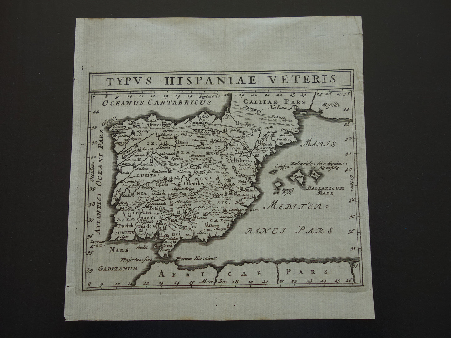 360+ jaar oude kaart van Spanje en Portugal in Romeinse tijd 1661 originele antieke landkaart klein formaat - Typus Hispaniae Veteris Cluver