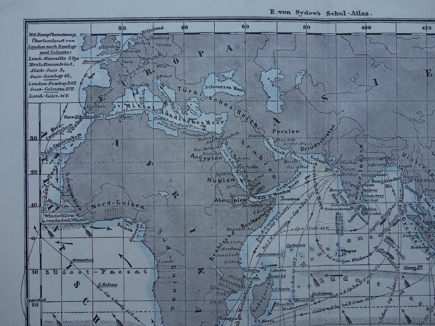Antieke kaart van de Indische Oceaan Originele 150+ jaar oude antieke Duitse landkaart zeekaart