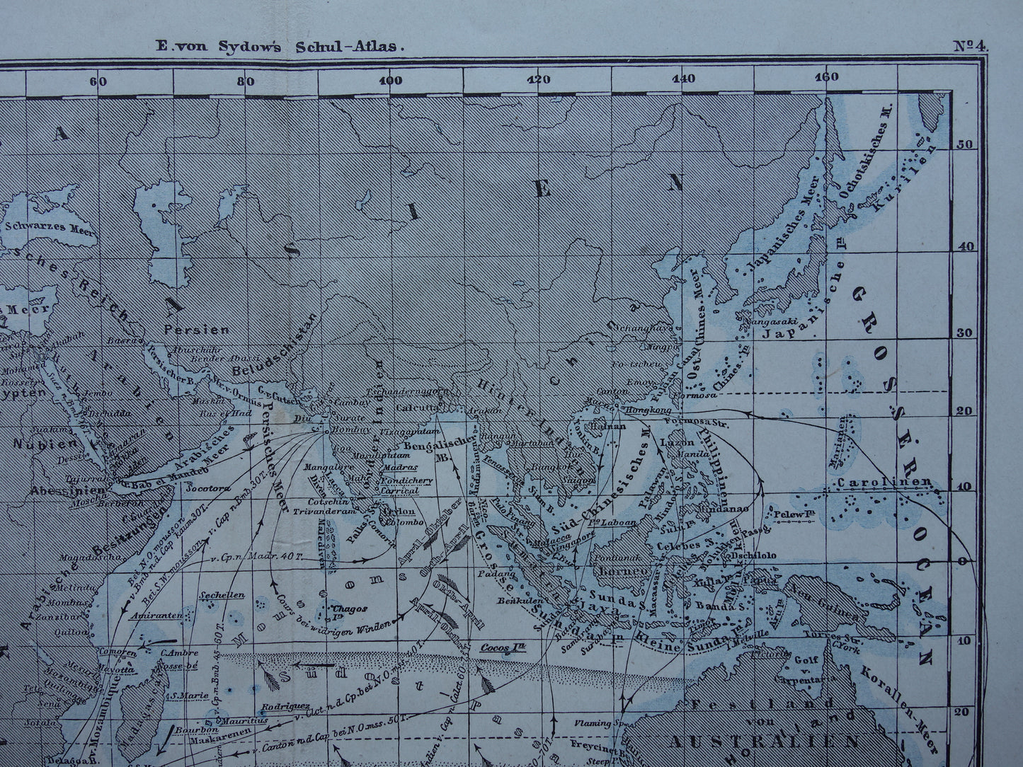 Antieke kaart van de Indische Oceaan Originele 150+ jaar oude antieke Duitse landkaart zeekaart