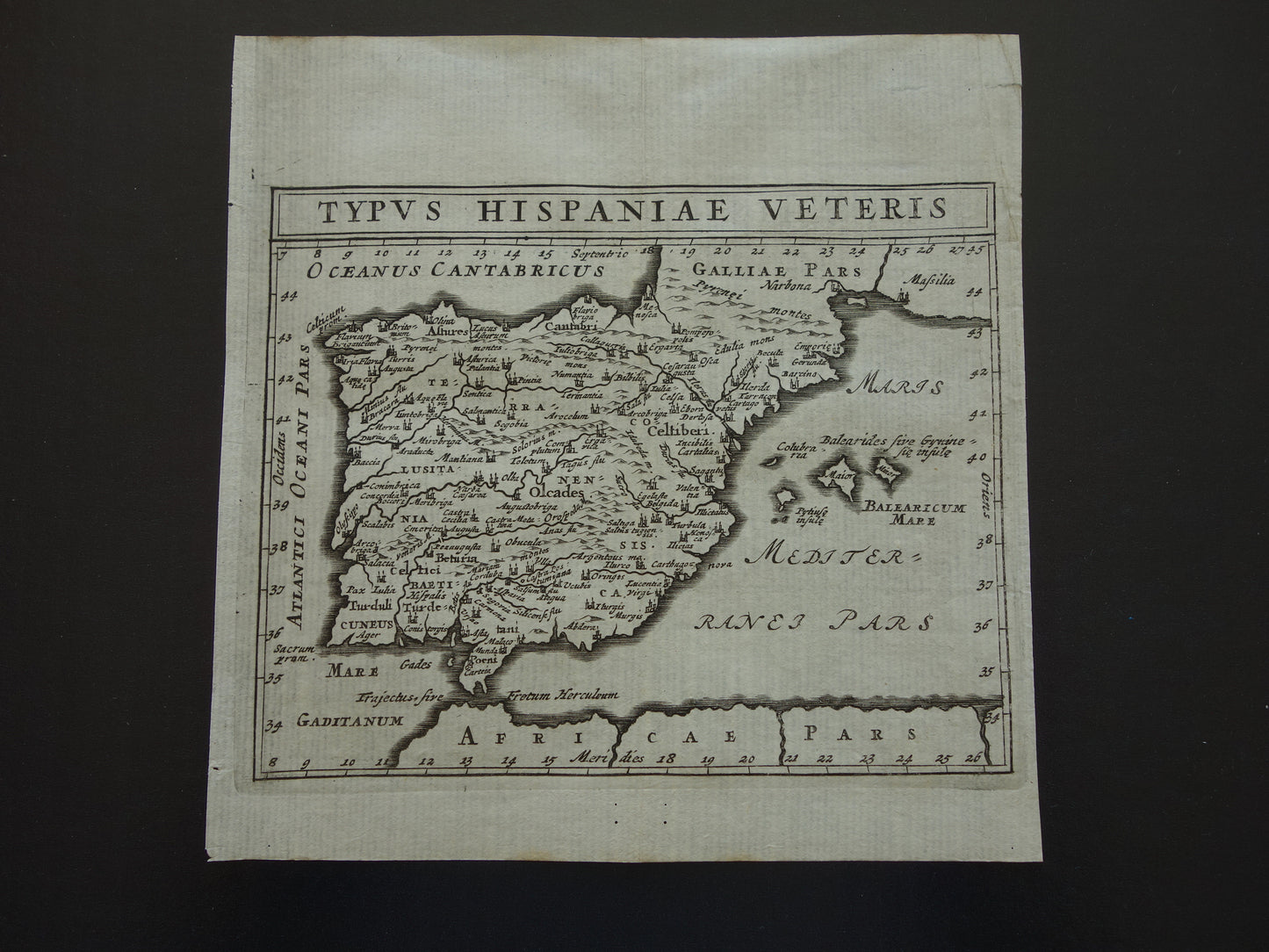 360+ jaar oude kaart van Spanje en Portugal in Romeinse tijd 1661 originele antieke landkaart klein formaat - Typus Hispaniae Veteris Cluver