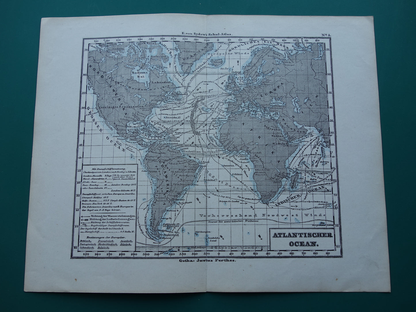 ATLANTISCHE OCEAAN Oude kaart van de Atlantische Oceaan Originele 150+ jaar oude antieke Duitse landkaart zeekaart