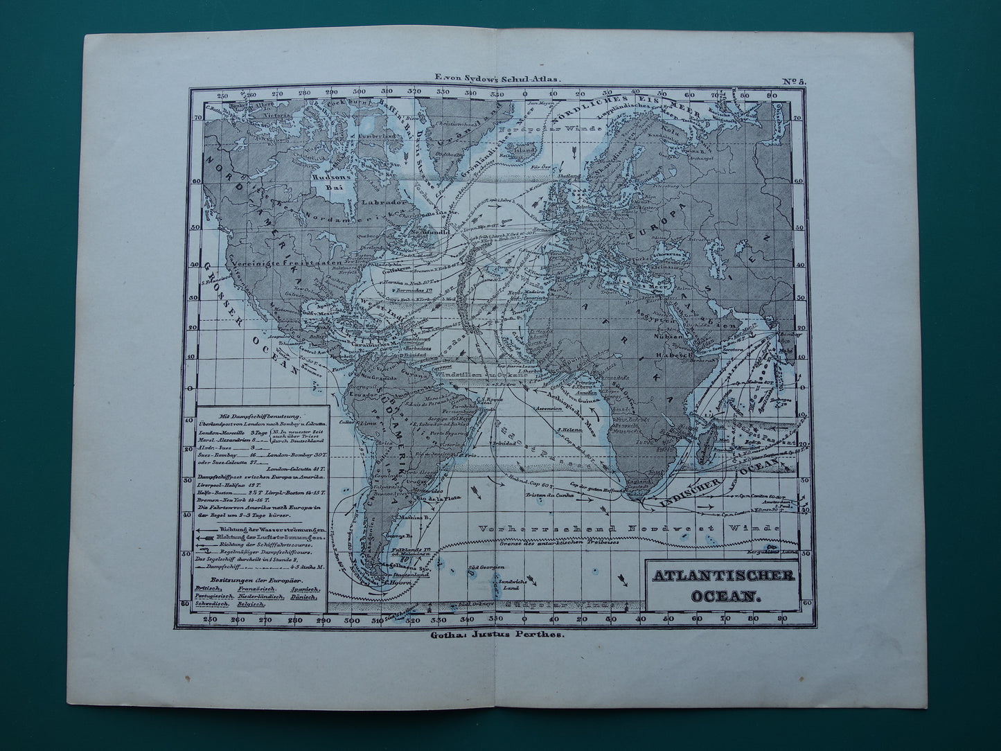 ATLANTISCHE OCEAAN Oude kaart van de Atlantische Oceaan Originele 150+ jaar oude antieke Duitse landkaart zeekaart