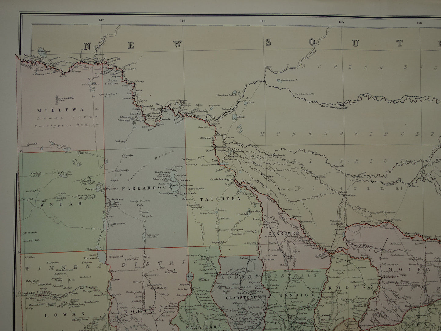 Victoria Australië oude kaart 1890 originele antieke Engelse landkaart Victoria VIC staat poster