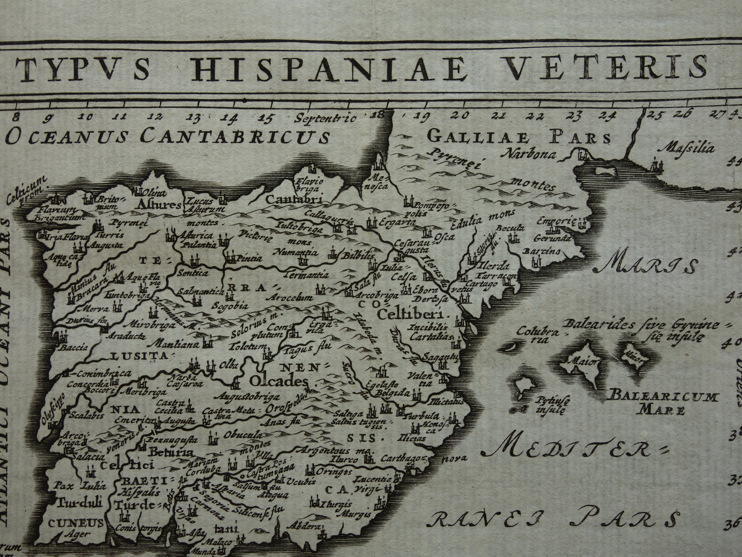 360+ jaar oude kaart van Spanje en Portugal in Romeinse tijd 1661 originele antieke landkaart klein formaat - Typus Hispaniae Veteris Cluver