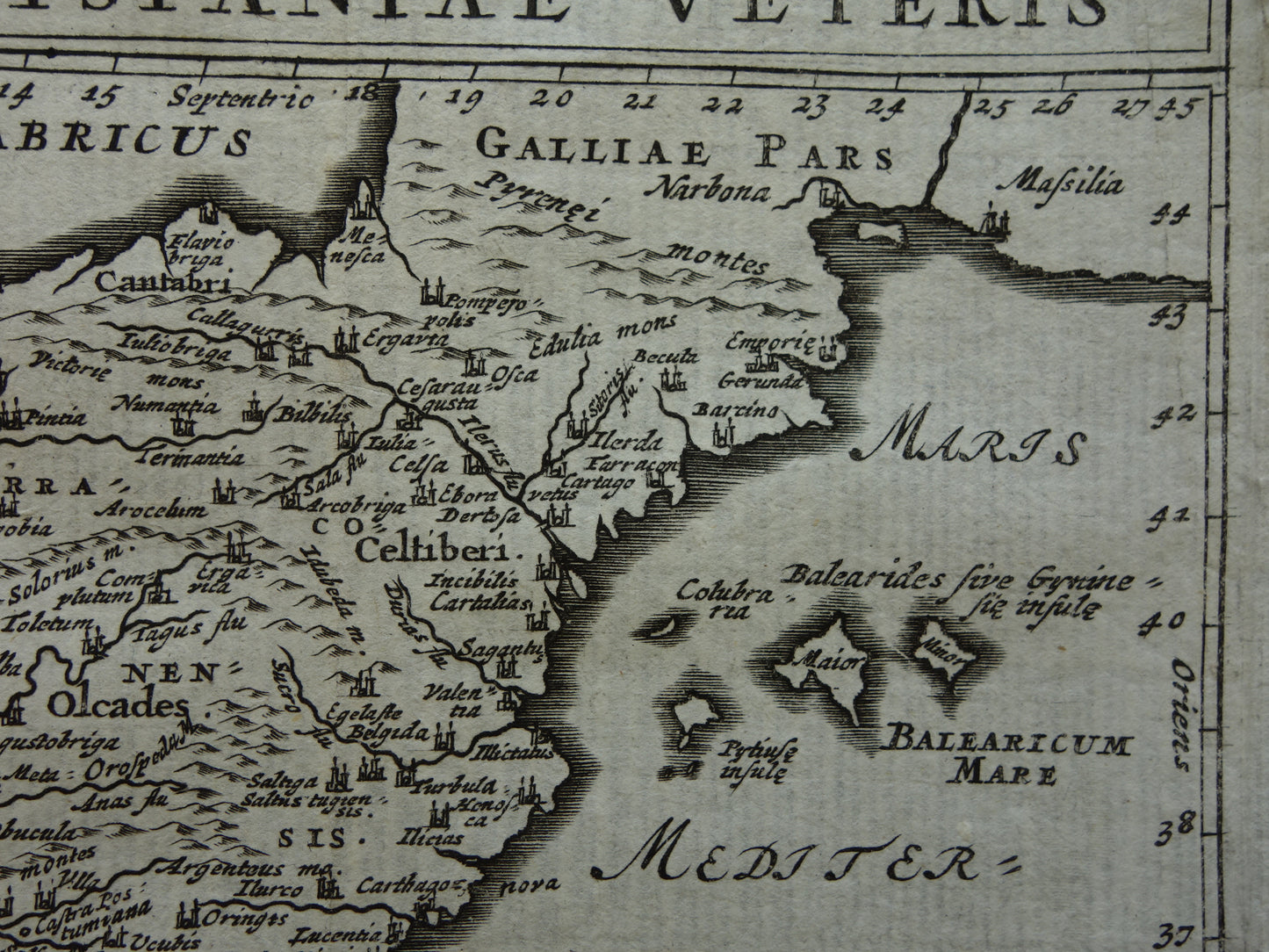 360+ jaar oude kaart van Spanje en Portugal in Romeinse tijd 1661 originele antieke landkaart klein formaat - Typus Hispaniae Veteris Cluver