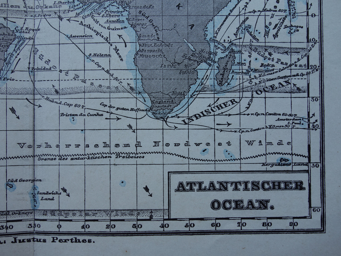ATLANTISCHE OCEAAN Oude kaart van de Atlantische Oceaan Originele 150+ jaar oude antieke Duitse landkaart zeekaart