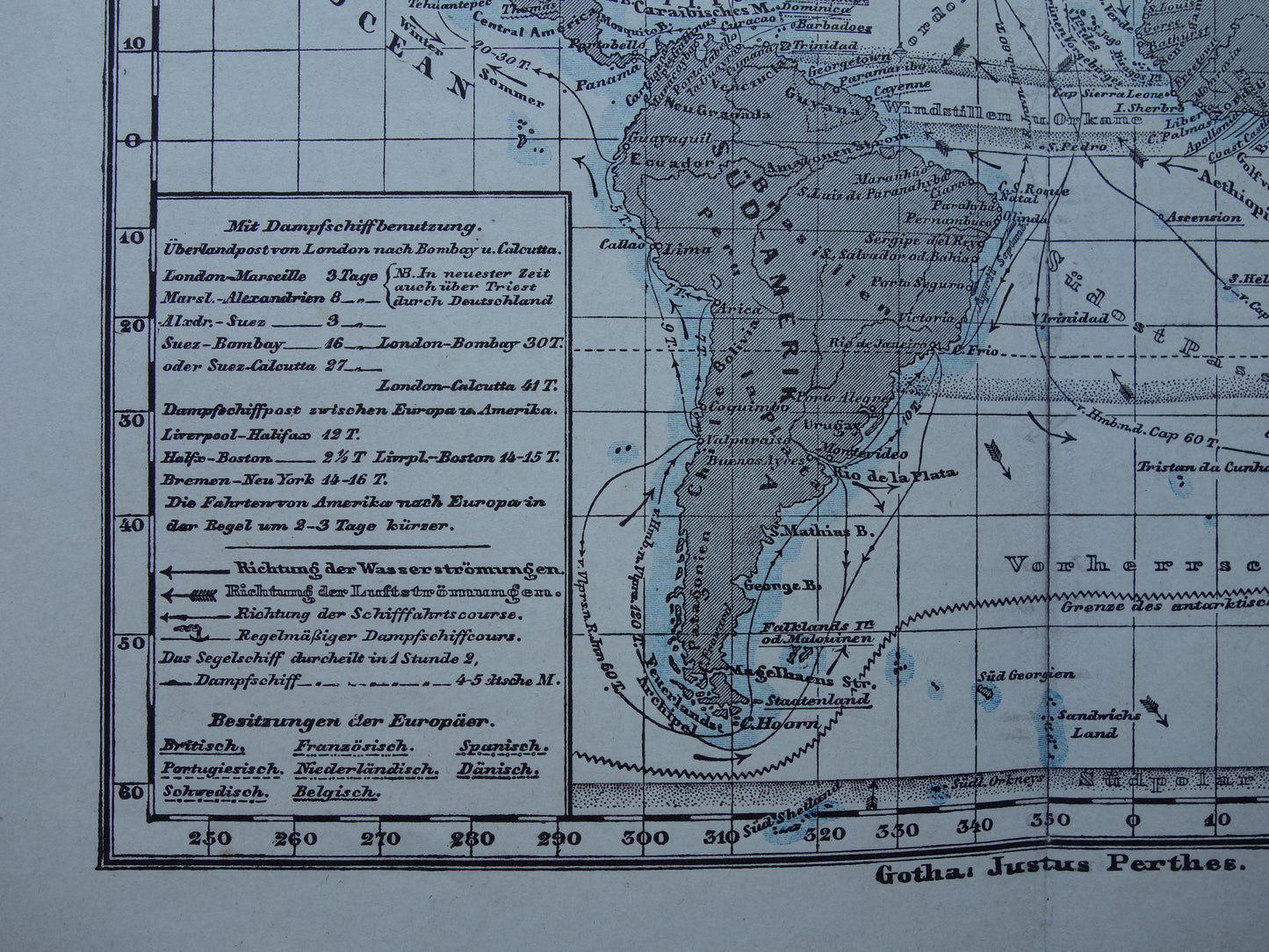 ATLANTISCHE OCEAAN Oude kaart van de Atlantische Oceaan Originele 150+ jaar oude antieke Duitse landkaart zeekaart