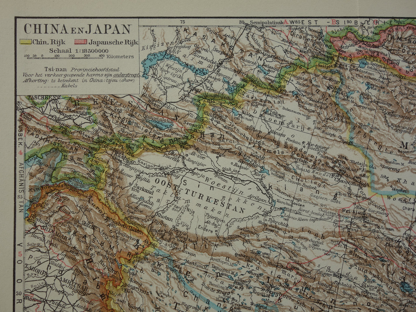 CHINA Oude landkaart van China uit 1933 originele Nederlandse vintage kaart