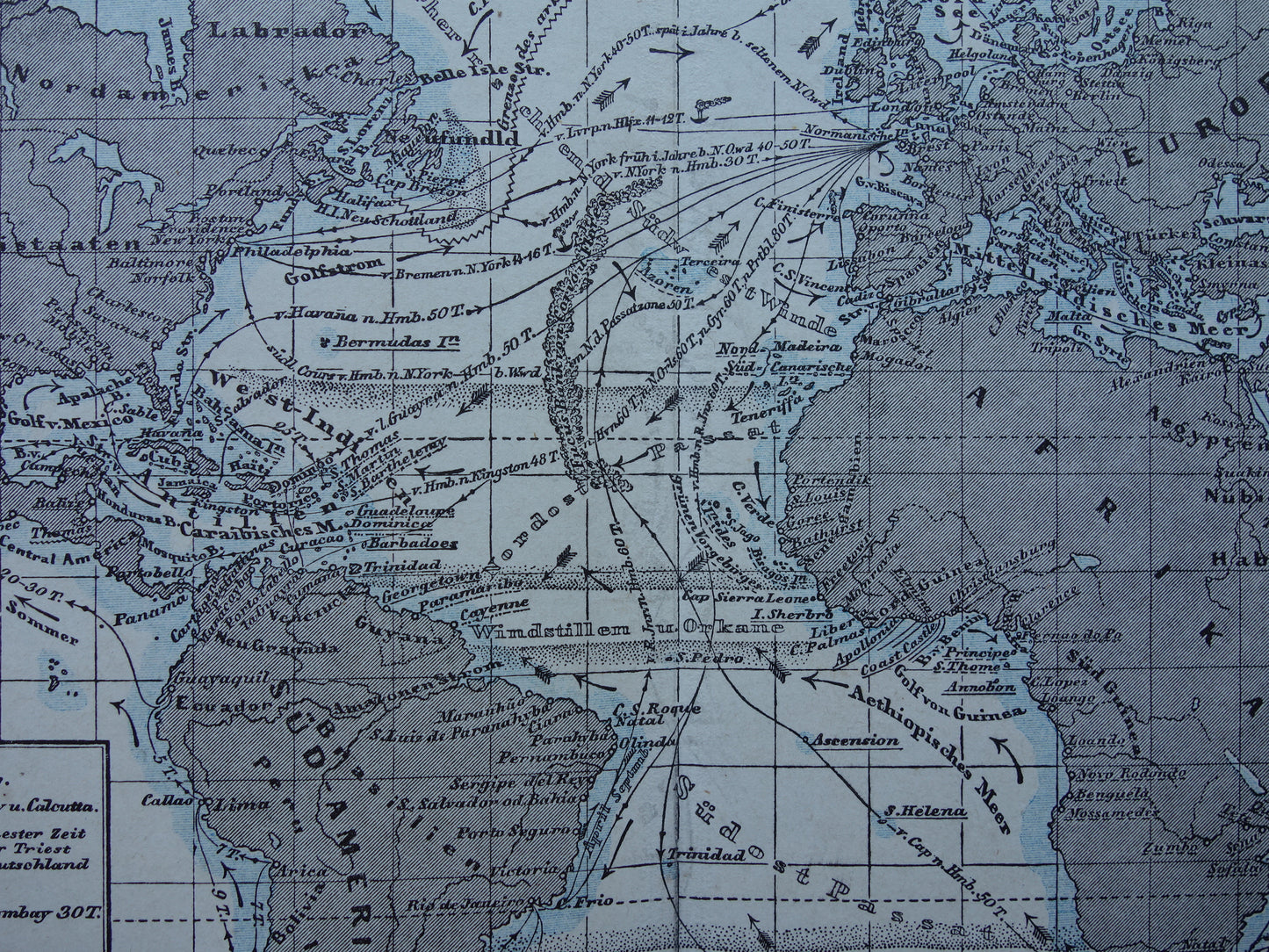 ATLANTISCHE OCEAAN Oude kaart van de Atlantische Oceaan Originele 150+ jaar oude antieke Duitse landkaart zeekaart