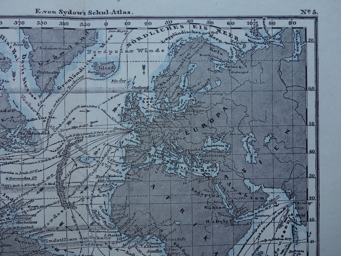 ATLANTISCHE OCEAAN Oude kaart van de Atlantische Oceaan Originele 150+ jaar oude antieke Duitse landkaart zeekaart