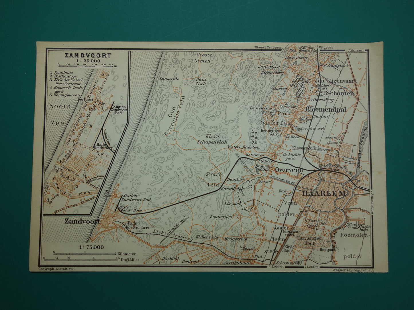 Zandvoort en Haarlem kleine oude landkaart uit 1904 kleine originele antieke kaart vintage print Bloemendaal Overveen