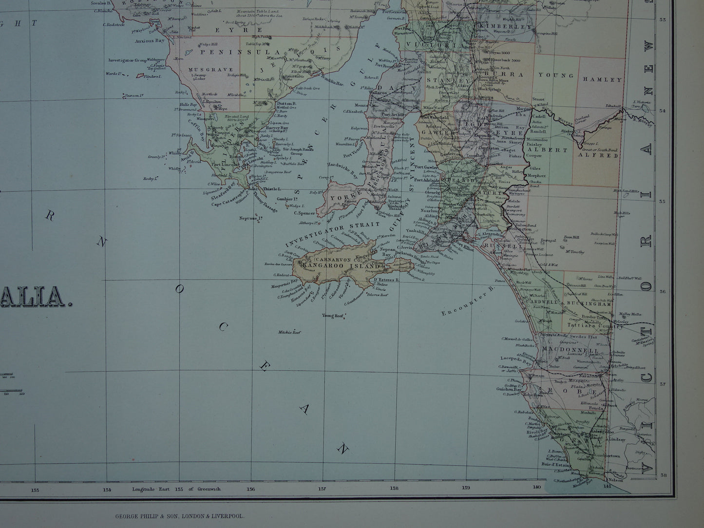 Grote kaart van AUSTRALIË oude kaart van Souh Australia met Northern Territory 1890 originele antieke Engelse landkaart Zuid-Australië