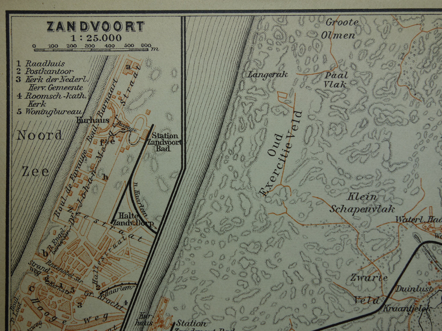 Zandvoort en Haarlem kleine oude landkaart uit 1904 kleine originele antieke kaart vintage print Bloemendaal Overveen