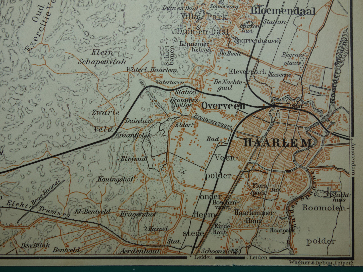 Zandvoort en Haarlem kleine oude landkaart uit 1904 kleine originele antieke kaart vintage print Bloemendaal Overveen