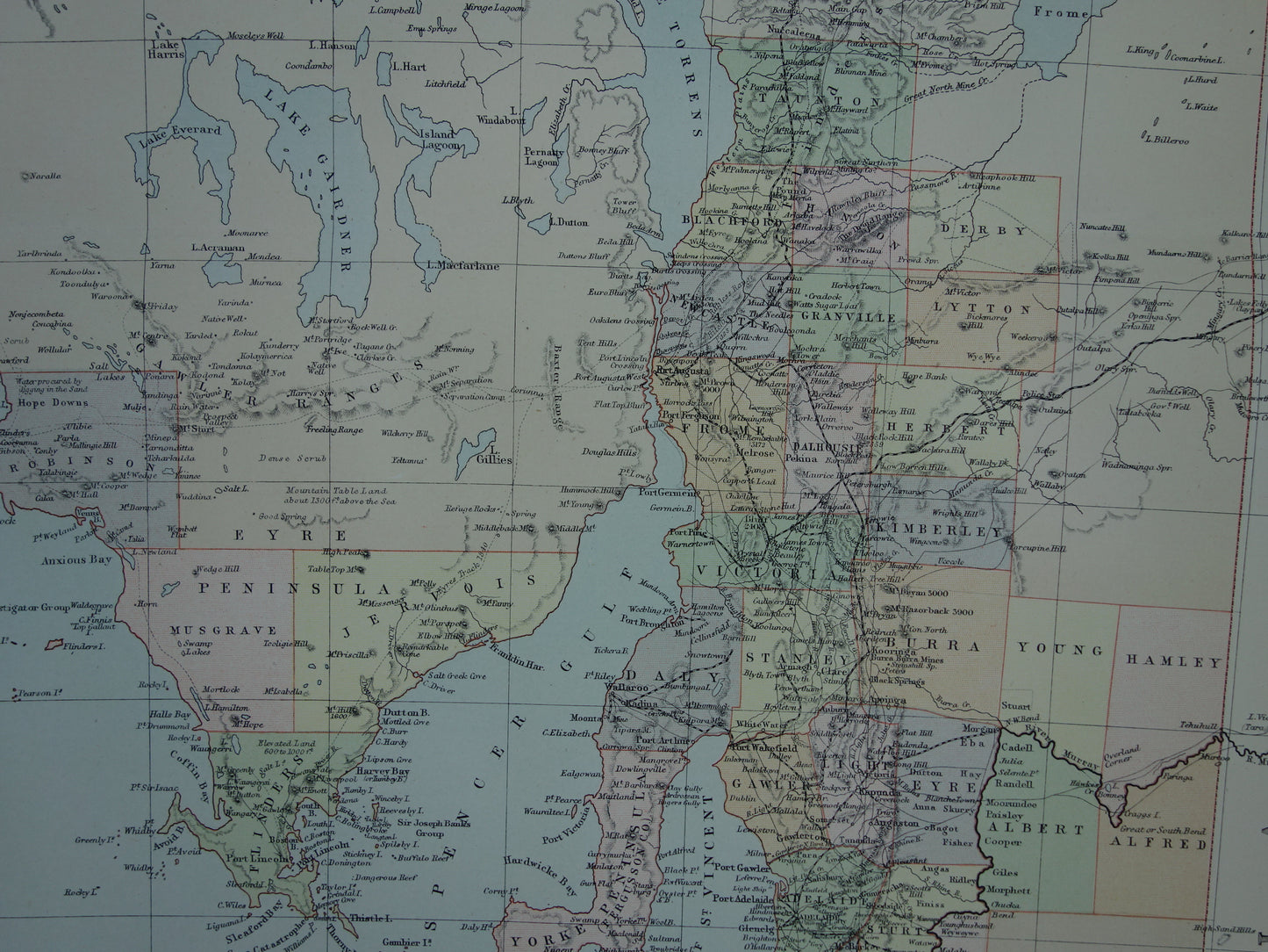 Grote kaart van AUSTRALIË oude kaart van Souh Australia met Northern Territory 1890 originele antieke Engelse landkaart Zuid-Australië