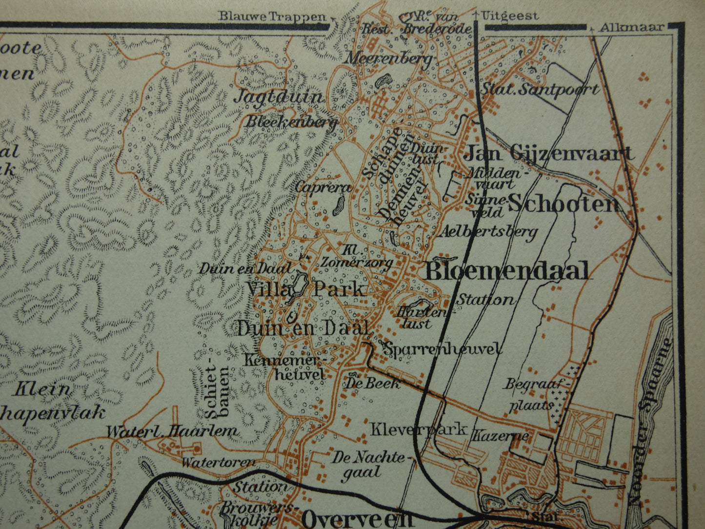 Zandvoort en Haarlem kleine oude landkaart uit 1904 kleine originele antieke kaart vintage print Bloemendaal Overveen