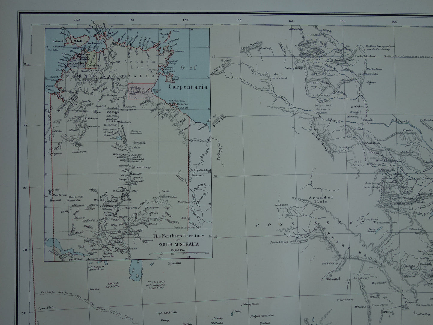 Grote kaart van AUSTRALIË oude kaart van Souh Australia met Northern Territory 1890 originele antieke Engelse landkaart Zuid-Australië