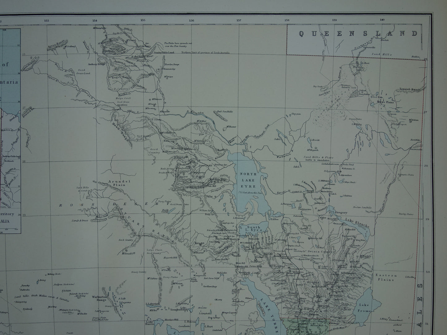 Grote kaart van AUSTRALIË oude kaart van Souh Australia met Northern Territory 1890 originele antieke Engelse landkaart Zuid-Australië