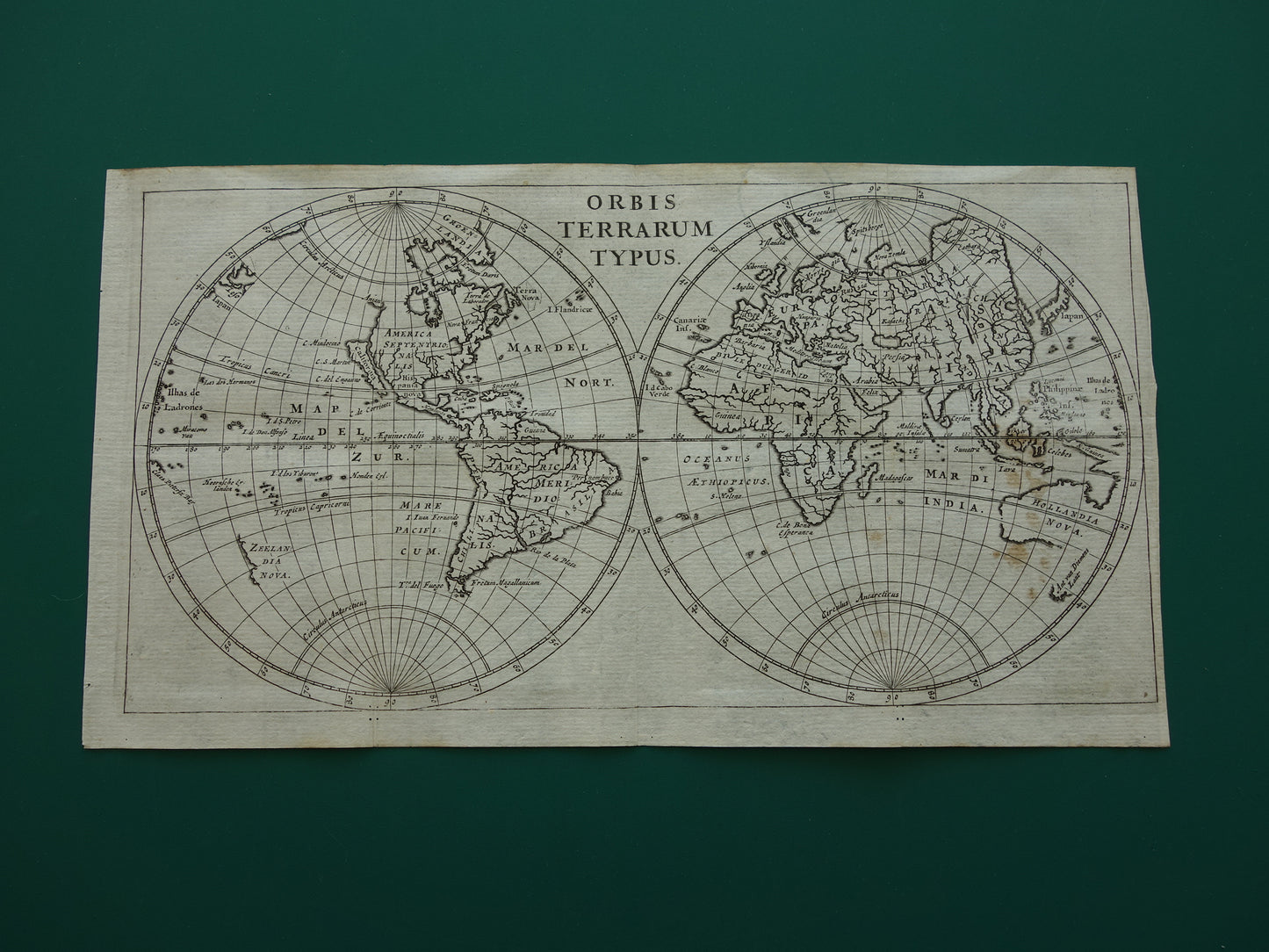 WERELDKAART 360+ jaar oude kaart van de wereld 1661 originele antieke landkaart klein formaat Korea en Californië als eiland