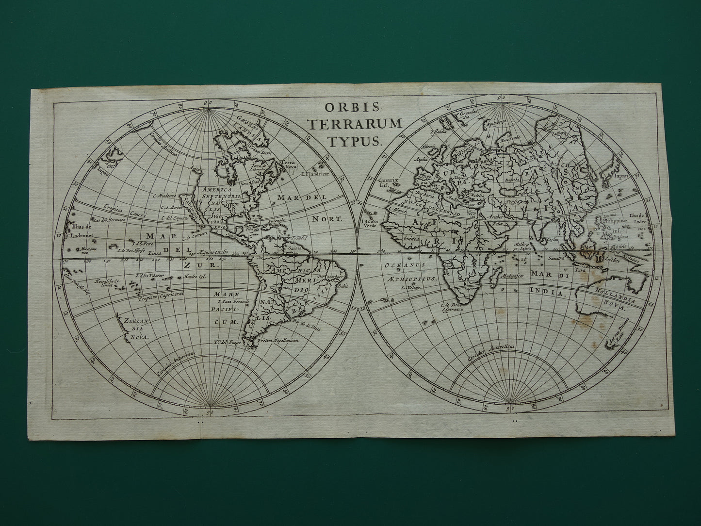 WERELDKAART 360+ jaar oude kaart van de wereld 1661 originele antieke landkaart klein formaat Korea en Californië als eiland