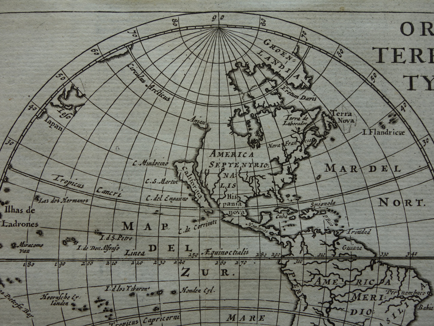 WERELDKAART 360+ jaar oude kaart van de wereld 1661 originele antieke landkaart klein formaat Korea en Californië als eiland