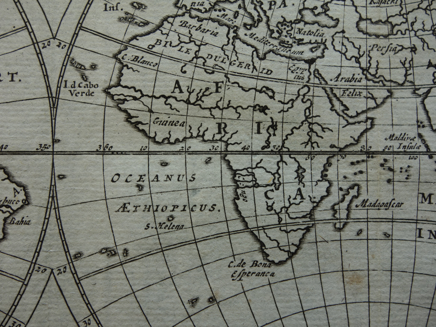WERELDKAART 360+ jaar oude kaart van de wereld 1661 originele antieke landkaart klein formaat Korea en Californië als eiland