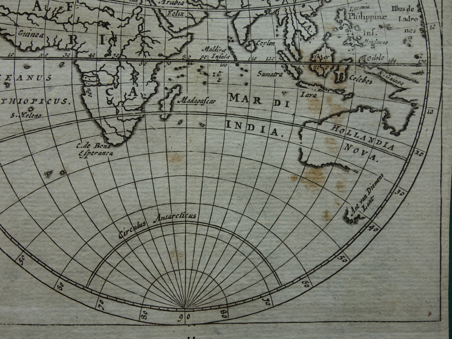WERELDKAART 360+ jaar oude kaart van de wereld 1661 originele antieke landkaart klein formaat Korea en Californië als eiland