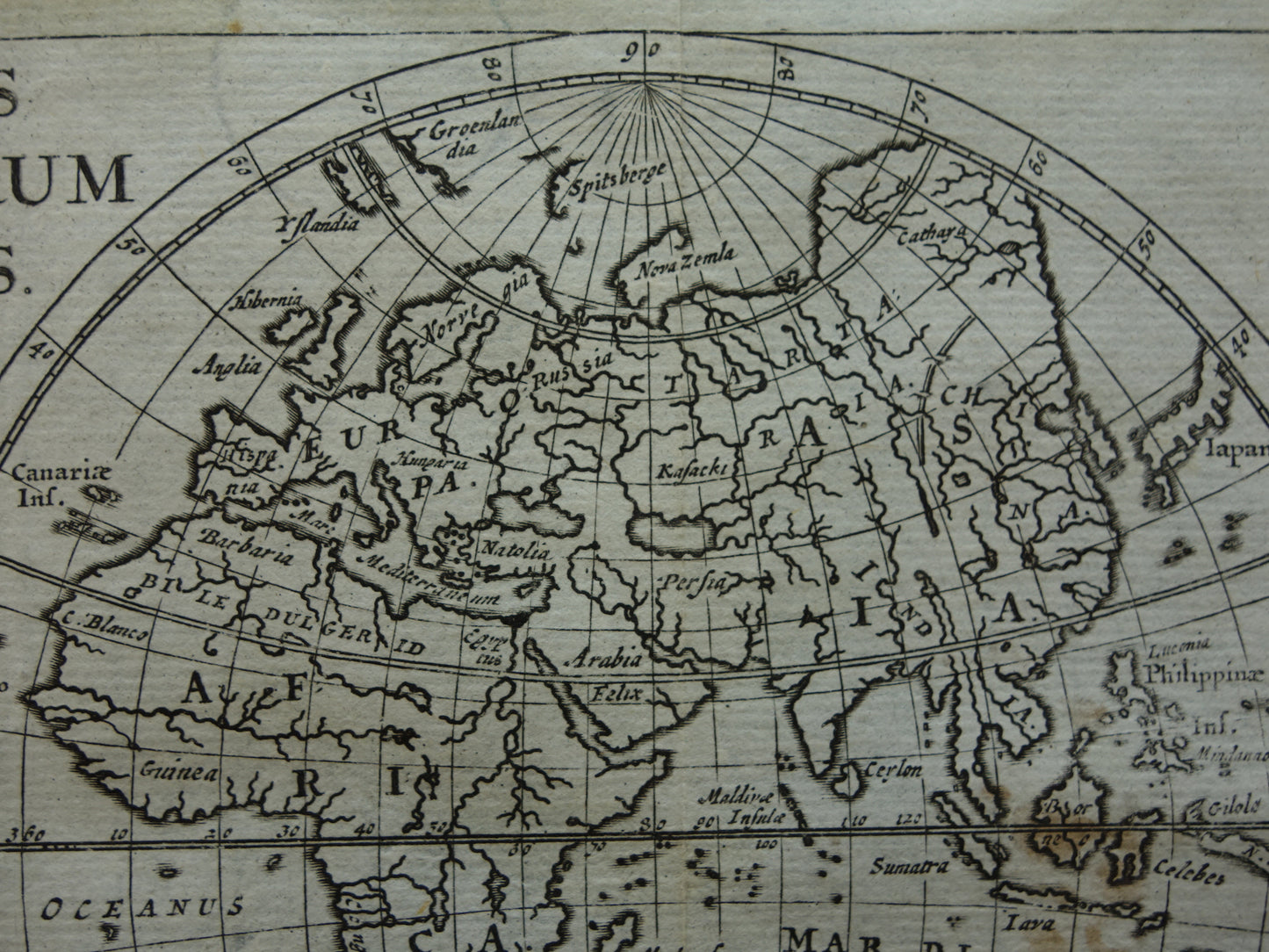 WERELDKAART 360+ jaar oude kaart van de wereld 1661 originele antieke landkaart klein formaat Korea en Californië als eiland