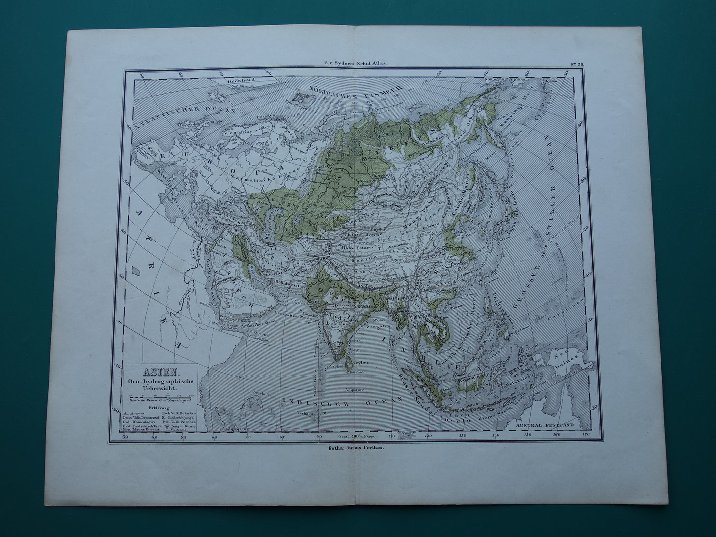 Azië antieke oro hydrografische kaart uit 1875 oude landkaart van rivieren en gebergten hoogtekaart