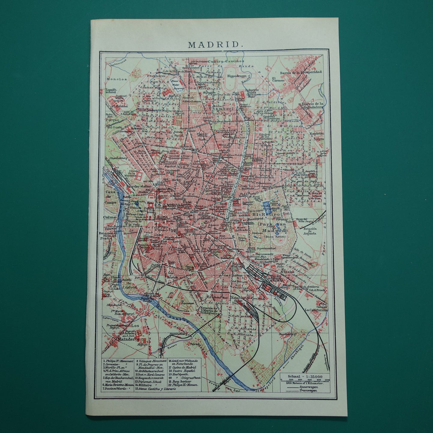 MADRID oude kaart van Madrid Spanje uit 1909 originele antieke plattegrond vintage landkaart