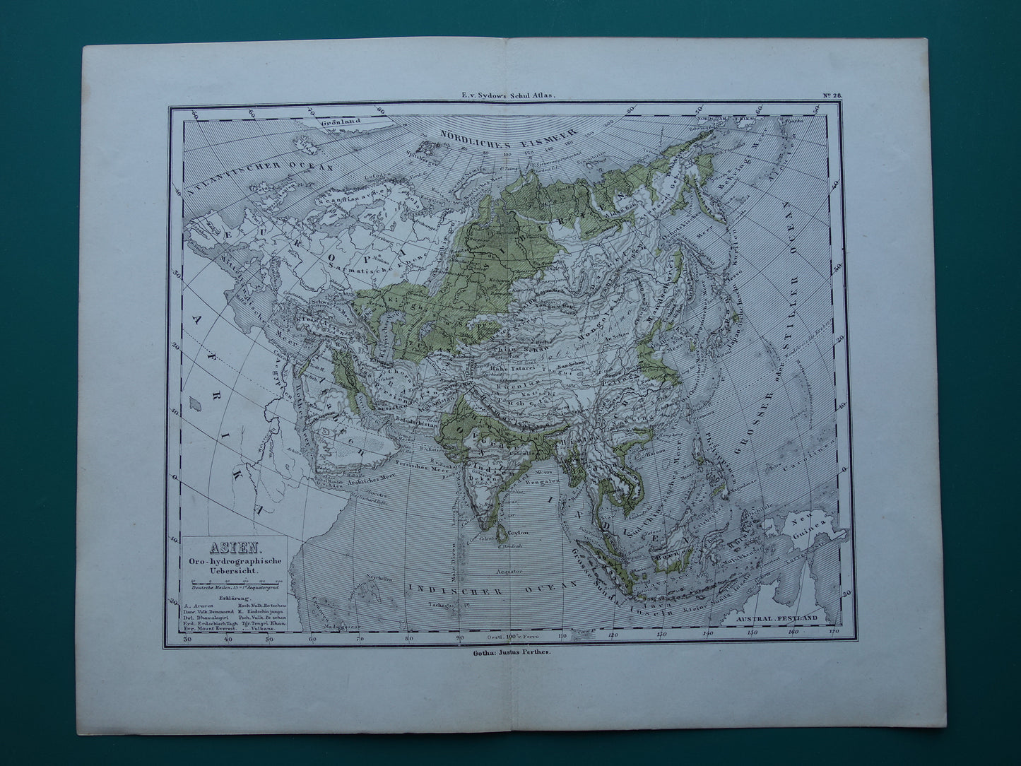 Azië antieke oro hydrografische kaart uit 1875 oude landkaart van rivieren en gebergten hoogtekaart