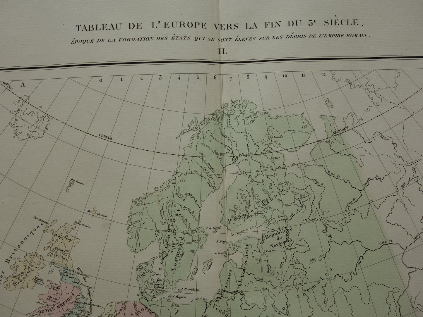 Oude kaart van Europa eind 5e eeuw Val van het Romeinse Rijk originele antieke landkaart uit 1830 geschiedeniskaart