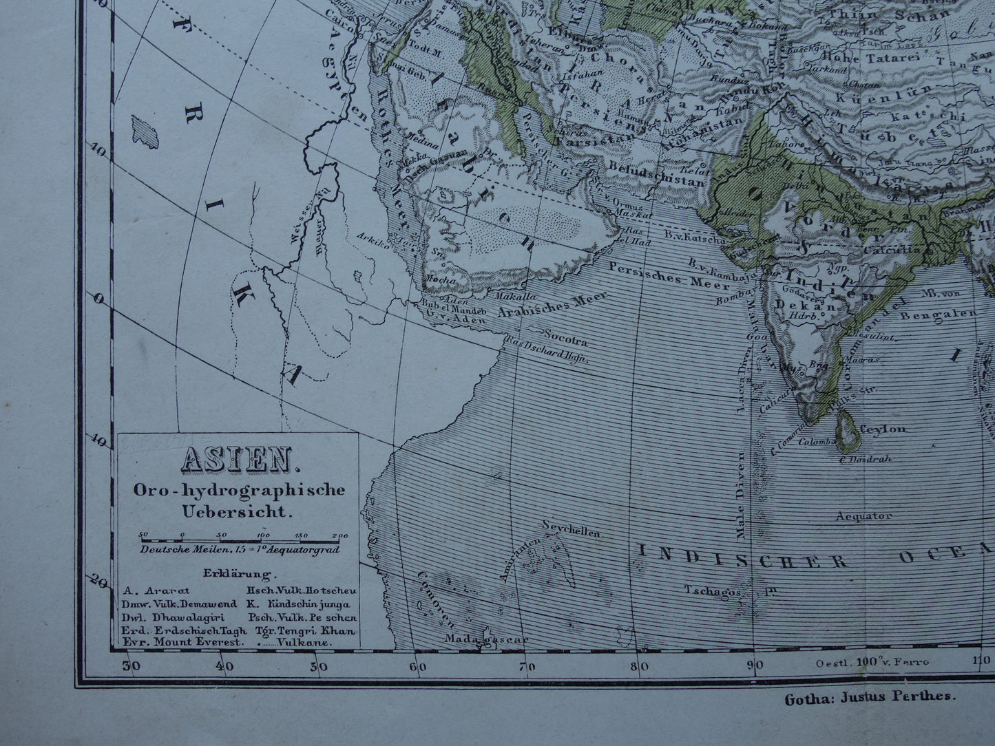 Azië antieke oro hydrografische kaart uit 1875 oude landkaart van rivieren en gebergten hoogtekaart