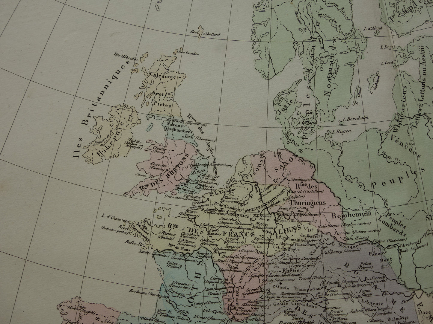 Oude kaart van Europa eind 5e eeuw Val van het Romeinse Rijk originele antieke landkaart uit 1830 geschiedeniskaart