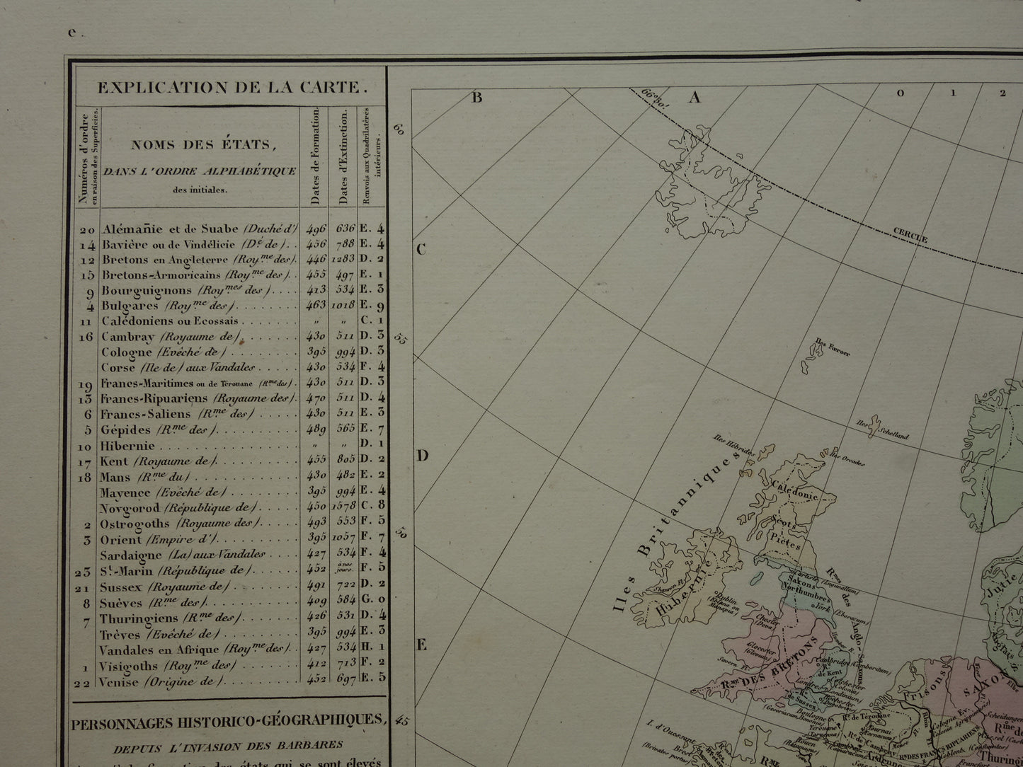 Oude kaart van Europa eind 5e eeuw Val van het Romeinse Rijk originele antieke landkaart uit 1830 geschiedeniskaart