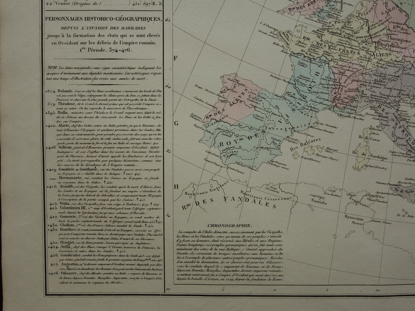 Oude kaart van Europa eind 5e eeuw Val van het Romeinse Rijk originele antieke landkaart uit 1830 geschiedeniskaart