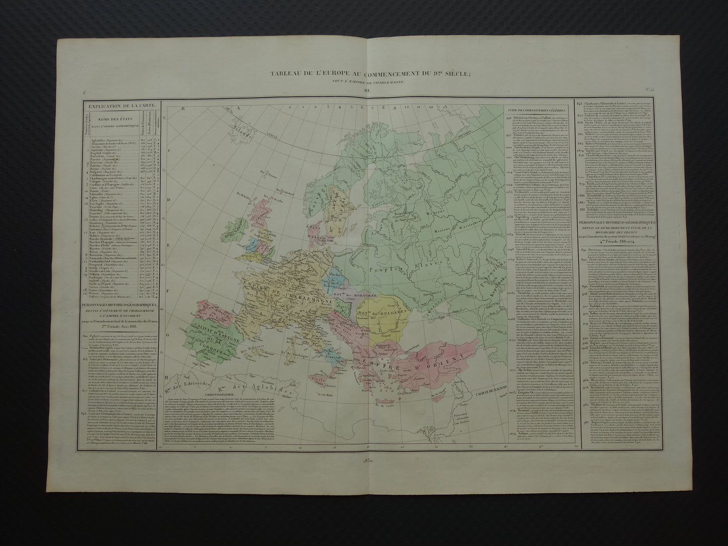 Oude kaart van Europa begin 9e eeuw Rijk Karel de Grote originele antieke landkaart uit 1830 geschiedeniskaart