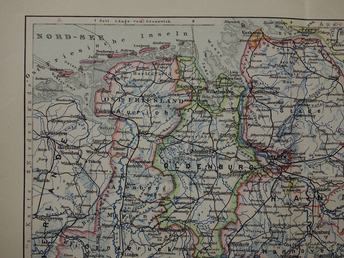 DUITSLAND oude kaart van Nedersaksen Hannover Bremen Hamburg 1913 originele antieke Duitse landkaart van noordwest Duitsland