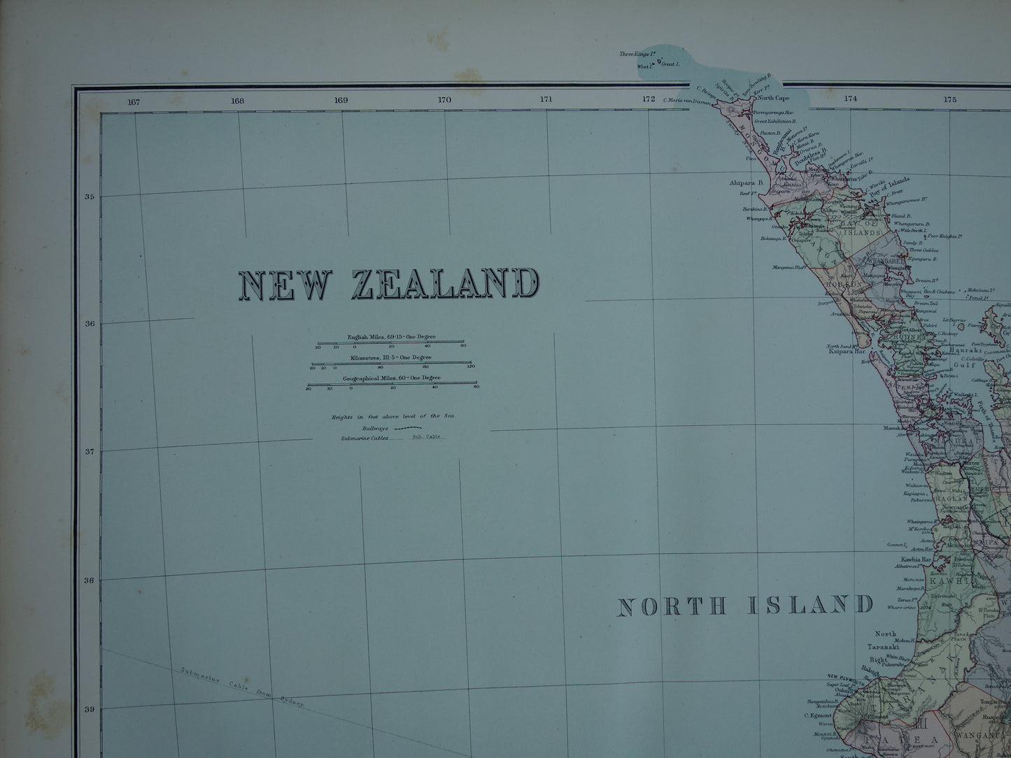 Oude landkaart van Nieuw-Zeeland uit 1890 Mooie origineel antieke kaart New Zealand Vintage landkaarten