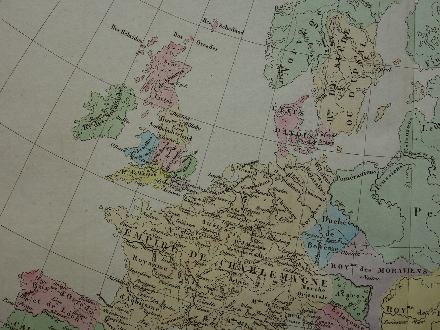 Oude kaart van Europa begin 9e eeuw Rijk Karel de Grote originele antieke landkaart uit 1830 geschiedeniskaart