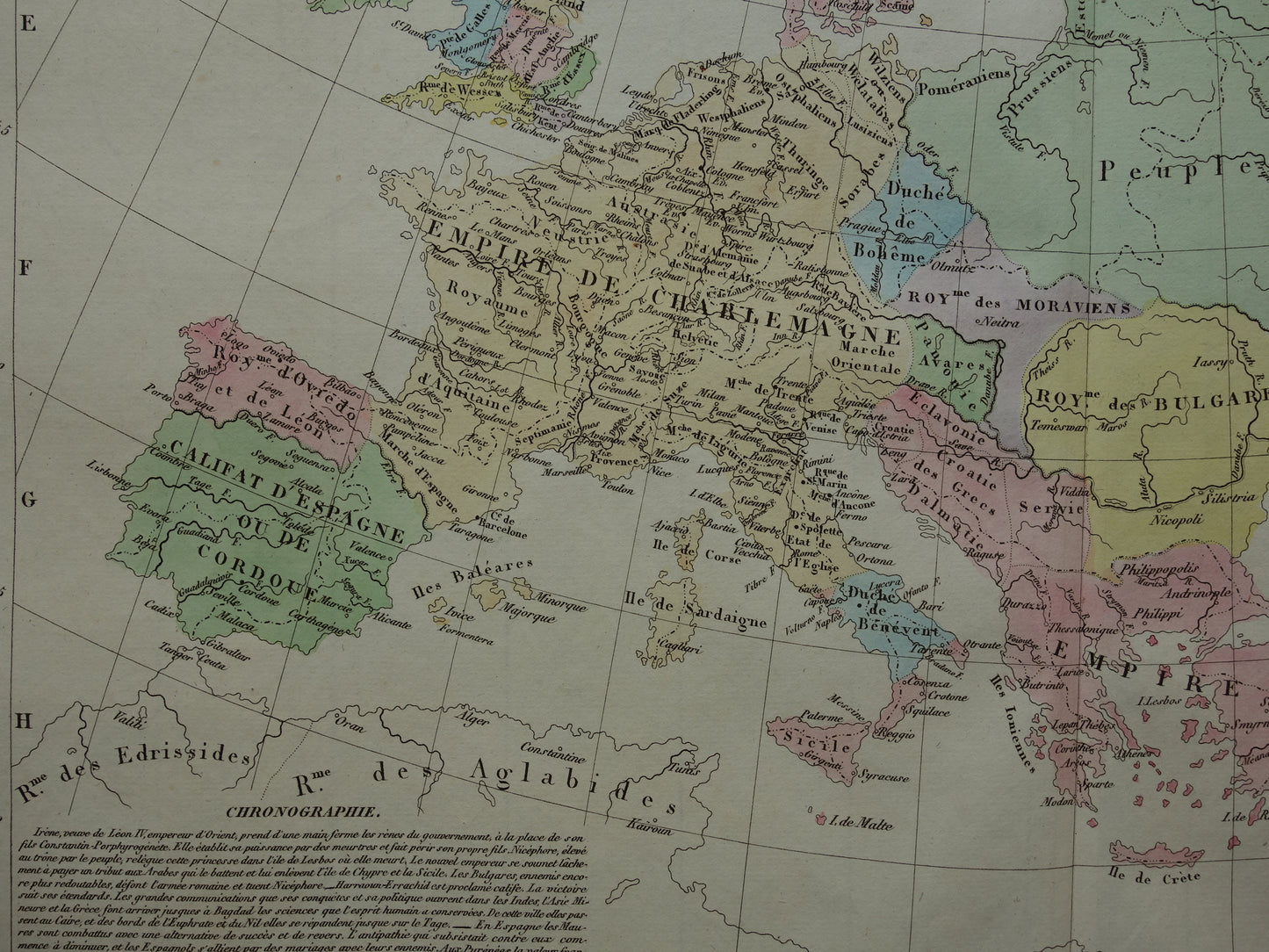 Oude kaart van Europa begin 9e eeuw Rijk Karel de Grote originele antieke landkaart uit 1830 geschiedeniskaart