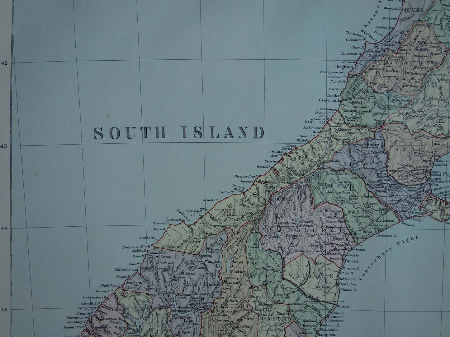 Oude landkaart van Nieuw-Zeeland uit 1890 Mooie origineel antieke kaart New Zealand Vintage landkaarten