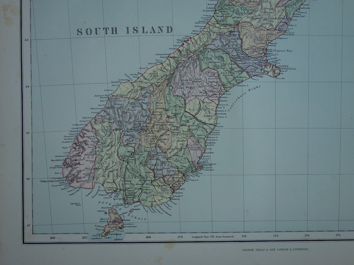 Oude landkaart van Nieuw-Zeeland uit 1890 Mooie origineel antieke kaart New Zealand Vintage landkaarten