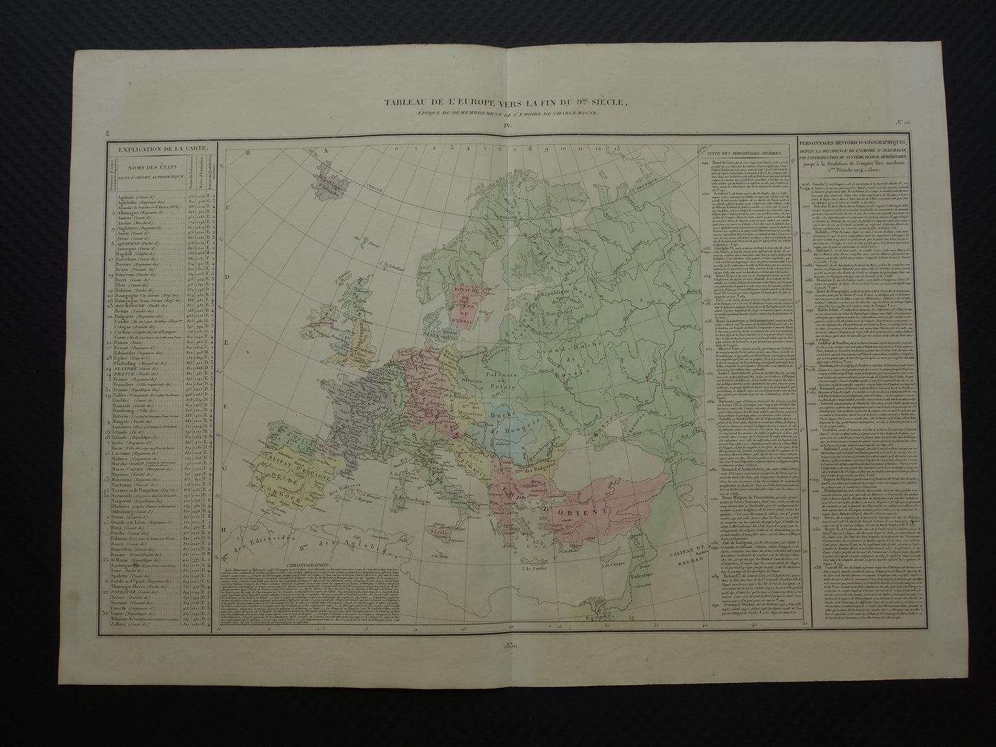 Oude kaart van Europa eind 9e eeuw Opdeling rijk Karel de Grote originele antieke landkaart uit 1830 geschiedeniskaart