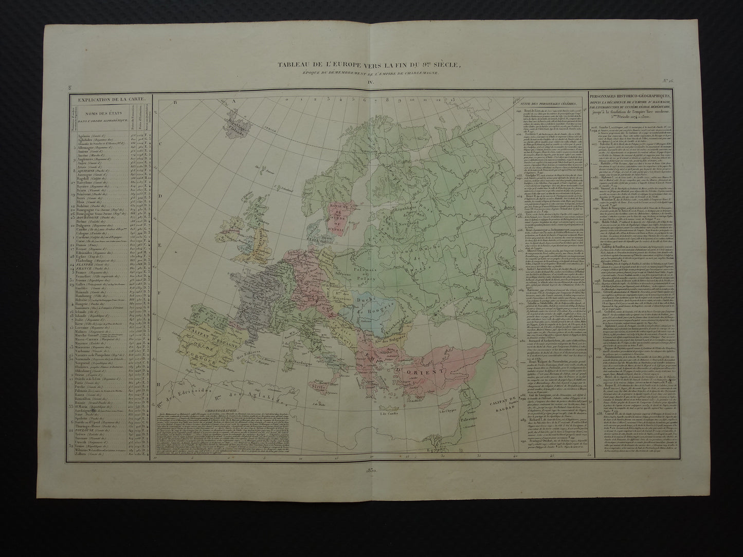 Oude kaart van Europa eind 9e eeuw Opdeling rijk Karel de Grote originele antieke landkaart uit 1830 geschiedeniskaart