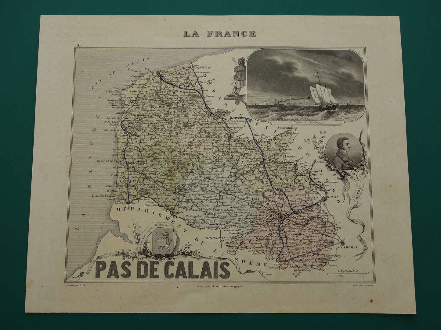 Oude kaart van Pas-de-Calais departement in Frankrijk uit 1870 originele vintage handgekleurde landkaart Arras