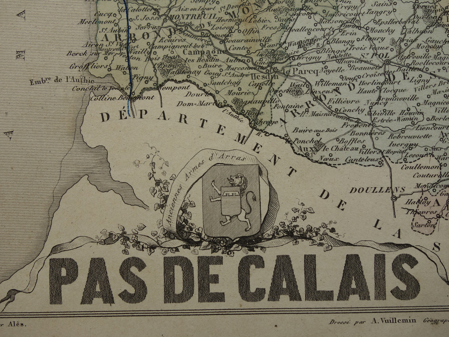 Oude kaart van Pas-de-Calais departement in Frankrijk uit 1870 originele vintage handgekleurde landkaart Arras