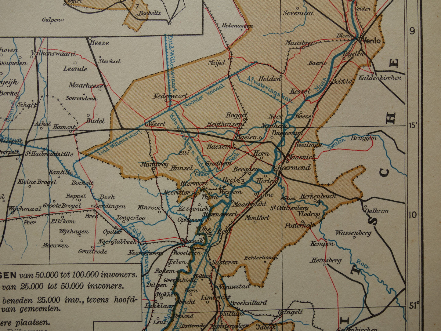 LIMBURG Oude kaart van provincie Limburg uit 1936 Originele vintage Nederlandse landkaart klein