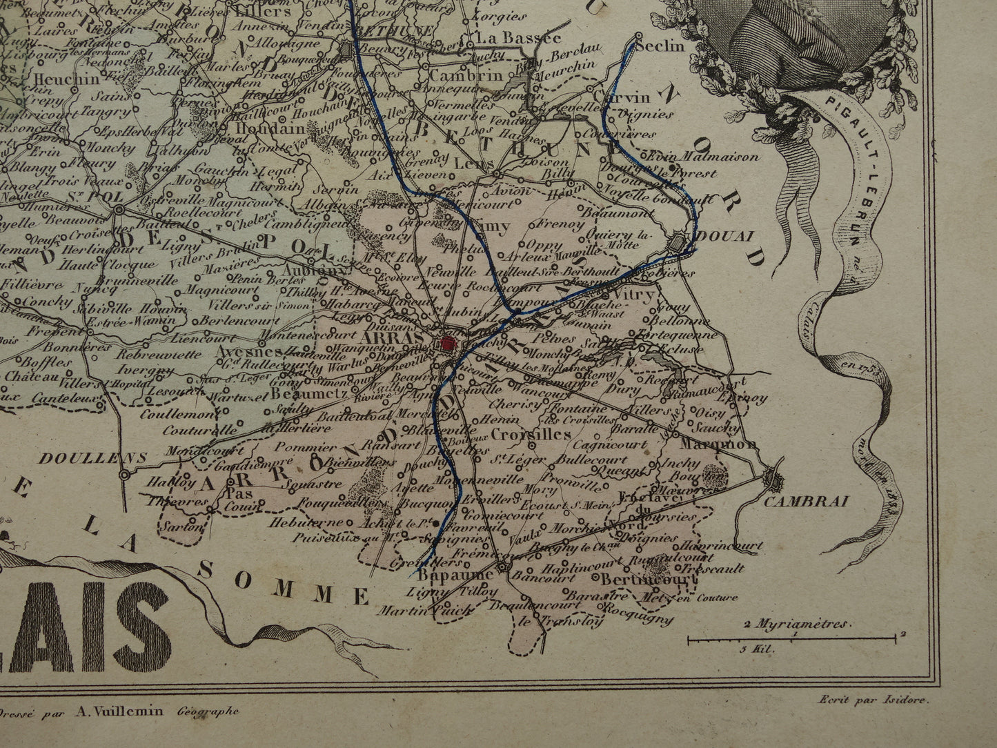 Oude kaart van Pas-de-Calais departement in Frankrijk uit 1870 originele vintage handgekleurde landkaart Arras
