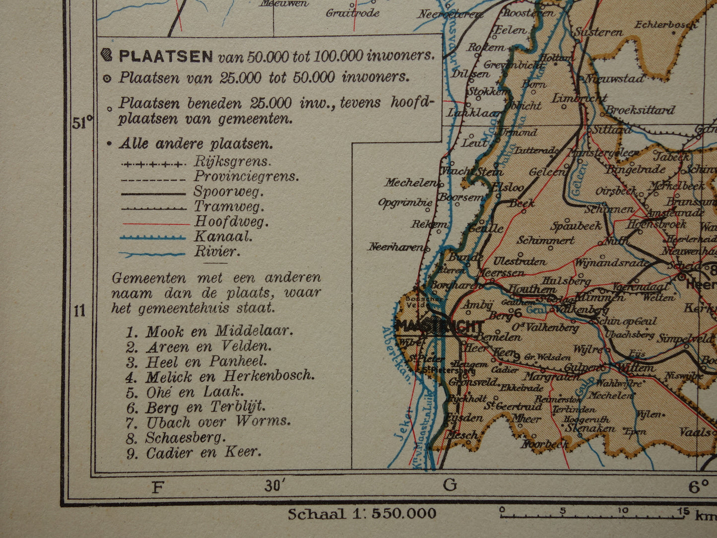 LIMBURG Oude kaart van provincie Limburg uit 1936 Originele vintage Nederlandse landkaart klein